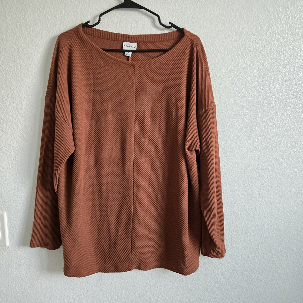 AVA& VIV Brown Ribbed Long Sleeve Top Size 1X